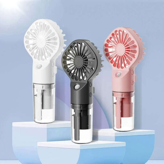 Strong power spray humidification mist fans in white, black, and pink colors on a blue background.