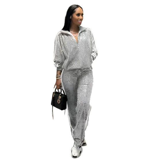 Women's casual coat trousers suit in black and silver with sequin details, ideal for autumn and winter street style.