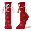 Couple Magnetic Handle Cute Hand Socks with Christmas design in red color, featuring snowflakes and a scarf pattern.