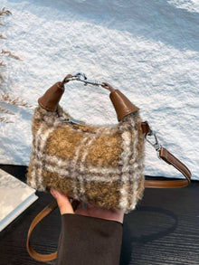  Fuzzy Polyester Mini Handbag with Zipper and Brown Strap