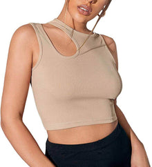  Khaki women's camisole with hollowed-out design and exposed navel style.