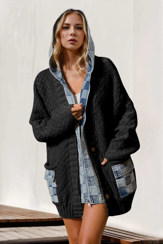 Women's full-size hooded denim sweater with spliced design and pockets.