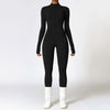 Warm zipper long-sleeved yoga fitness sports breathable bodysuit for women in black.