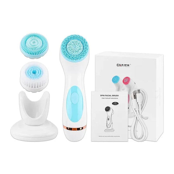 Advanced Ultrasonic Facial Cleansing Brush with multi-functionality, silicone and Dupont brush heads, white and blue design.