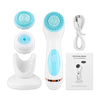 Advanced Ultrasonic Facial Cleansing Brush with multi-functionality, silicone and Dupont brush heads, charging cable, and user manual.