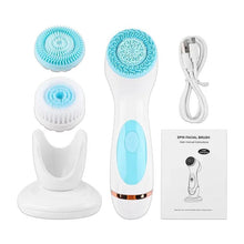  Advanced Ultrasonic Facial Cleansing Brush with multi-functionality, silicone and Dupont brush heads, charging cable, and user manual.