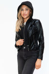 Snobbish faux leather hooded jacket with zip-up front and drawstring.