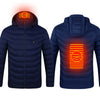 New heated coat showcasing USB electric thermal technology and glowing heating elements on the back and hood.