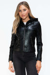 Snobbish Leather Zip Up Drawstring Hooded Jacket, faux leather with front zipper and hood.