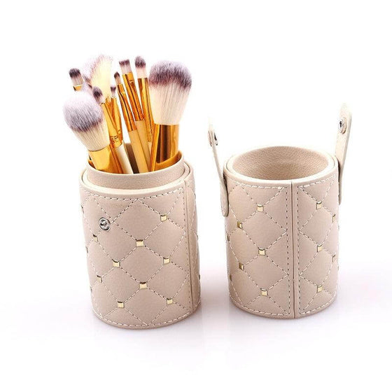 Makeup brush set with 12 high-quality brushes and stylish storage bucket.