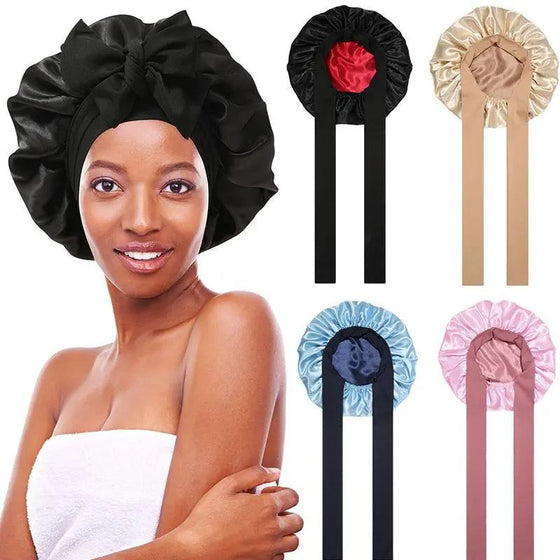 Double Layered Silk Bonnet Hair Care Sleeping Hat with Elastic Tie Band for Women