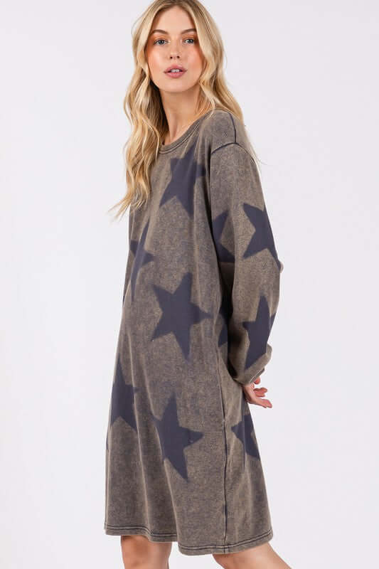 Women's Washed Star Print Round Neck Dress in 100% cotton with crewneck design.