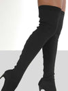 Over knee stiletto boots with point toe and high heel for sophisticated style.