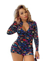 V-neck printed sheath skirt long sleeve jumpsuit in black with colorful butterfly pattern.