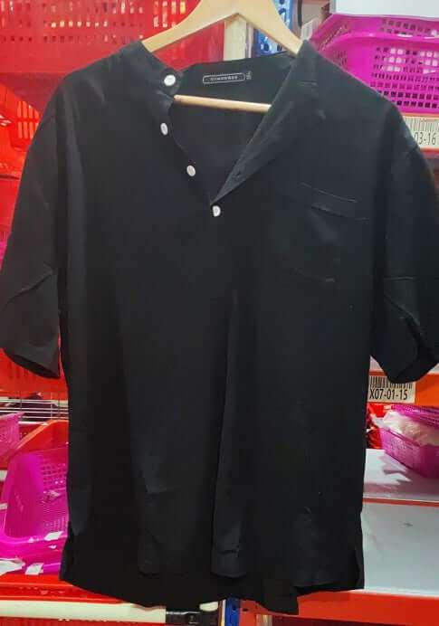 Casual linen solid color shirt with button V neck for men, displayed on a hanger.