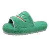 Green peep toe house slippers for women, furry terry cloth, winter comfort.