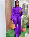 Polka dot printed long-sleeved trousers casual fashion loose shoulder suit in vibrant purple.