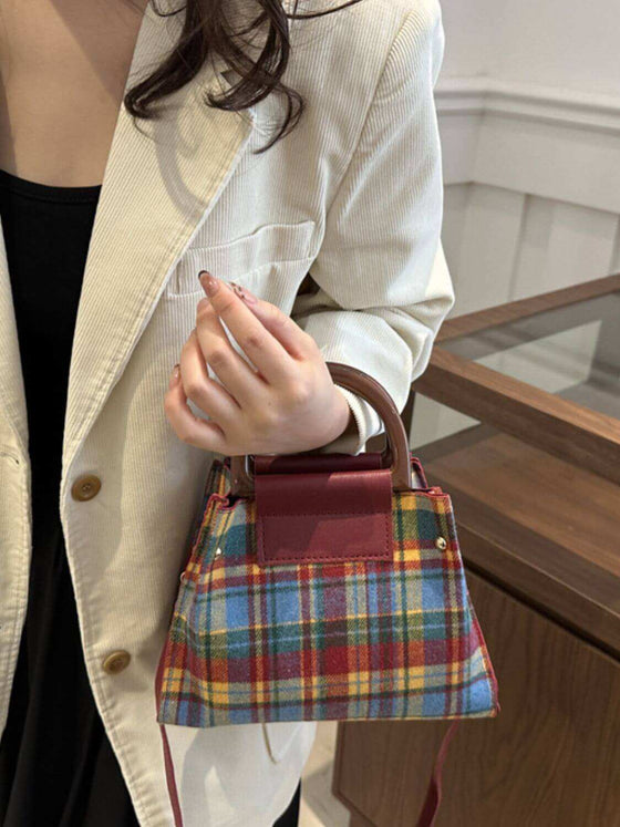 Contrast Plaid Trapezoid Shape Crossbody Bag made of durable PU leather and polyester