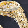 High-end double calendar business quartz watch with diamond accents.