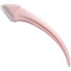 Eyebrow trimming knife with curved moon shape and comb attachment for precise shaping.