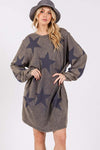 Women's Washed Star Print Round Neck Dress in cotton with crewneck design.