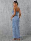 Slit Half Button Tube Denim Dress showcasing back view with pockets and stylish slit, perfect for fashion-forward looks.