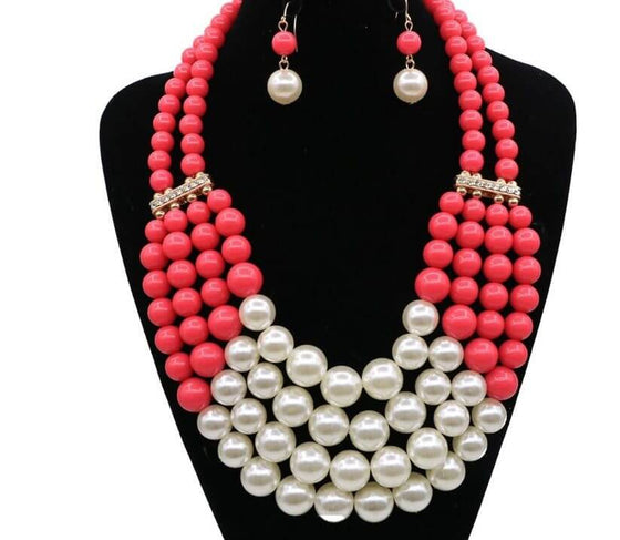 Multi Simulated Pearl Bohemian Jewelry Set with red beads and faux pearl accents.