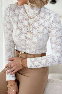  Mock Neck Long Sleeve Lace Top in white, featuring a semi-sheer stretchy lace material.