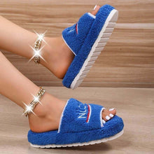  Peep Toe House Slippers for Women, winter furry design in blue, showcasing cozy terry cloth material.