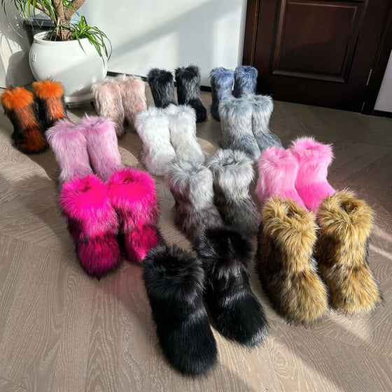 Women's closed toe fluffy plush snow boots in various colors displayed indoors. Cozy and stylish winter footwear.