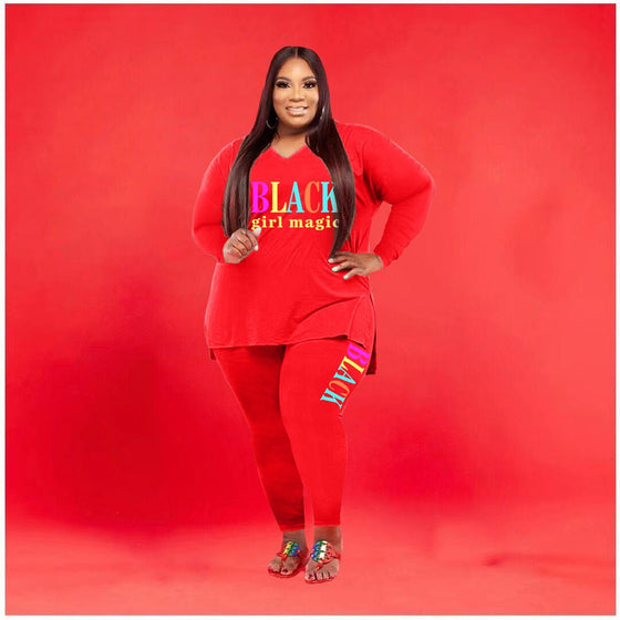 Women's plus size sports printed two-piece set, red color with vibrant text, comfortable and breathable for active wear.