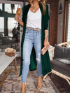 Open Front Long Sleeve Coat in green, worn casually with jeans and a white top.