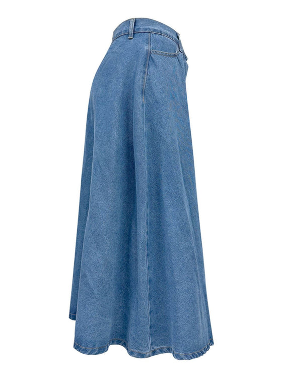 Buttoned Midi Denim Skirt with pockets, cotton polyester blend, stylish and comfortable.