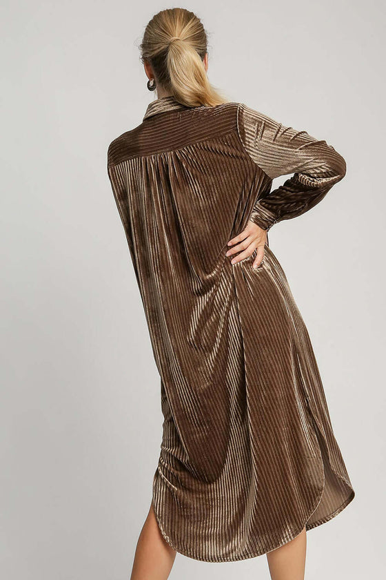 Umgee Texture Curved Hem Button Down Shirt Dress in brown with textured fabric and modern hemline.