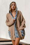 Women's full size hooded denim sweater with pockets and spliced design.