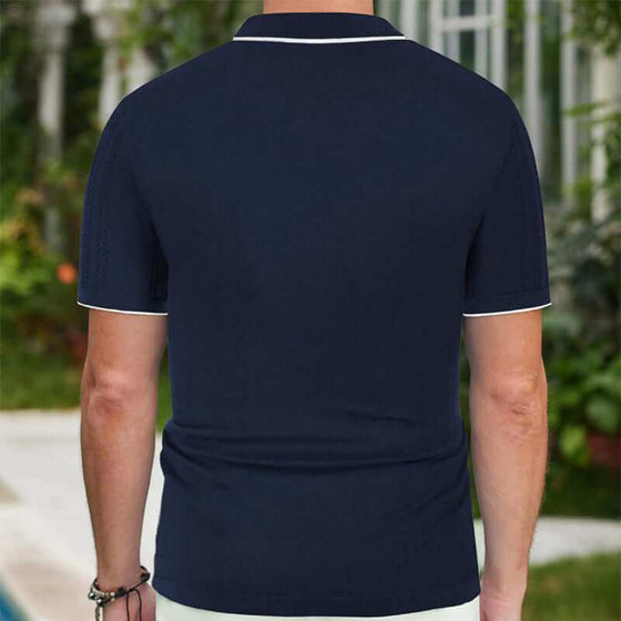 Short-sleeve summer button-up polo shirt in solid navy blue with lapel design.