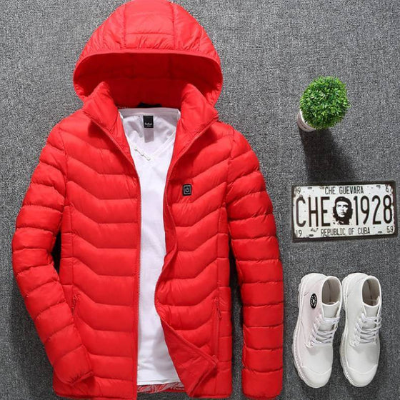 New heated red coat with a detachable hood, designed for warmth and style, paired with white sneakers.