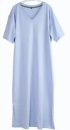 Oversized blue V neck boho dress for women.