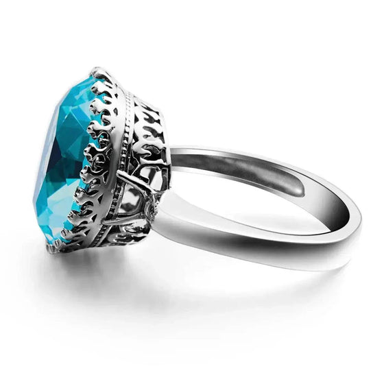 925 sterling silver ring with 15ct round created aquamarine stone for women.