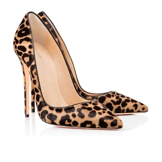 Womens leopard high heels with pointed toe and stiletto heel.