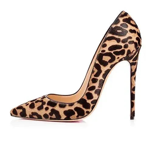 Womens leopard high heels with pointed toe and stiletto heel in bold leopard print.