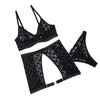 Black women's mesh underwear three-piece set in sizes S, M, L.