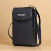 Women mobile phone crossbody large wallet shoulder bag in black PU leather with flap closure and adjustable strap.