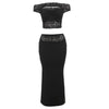 Street Ladies Hollow Lace Bare Midriff High Waist Suit in black with lace detailing and long skirt.