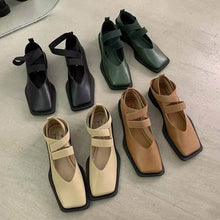  Women's Fashion Retro Square Toe Shoes with short stout heel in various colors displayed on a concrete floor.