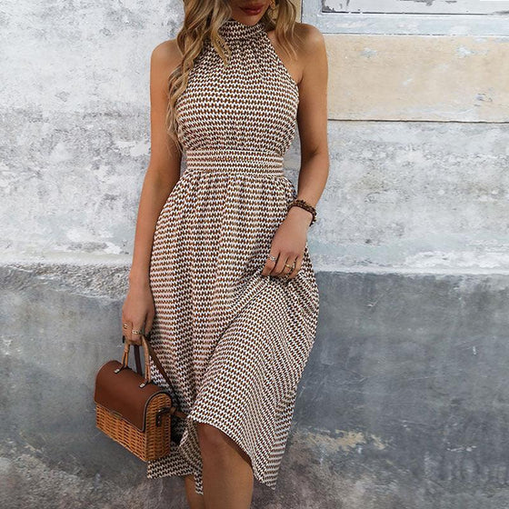 Fashion women dress high waist plaid dress in khaki, soft polyester, chic style.