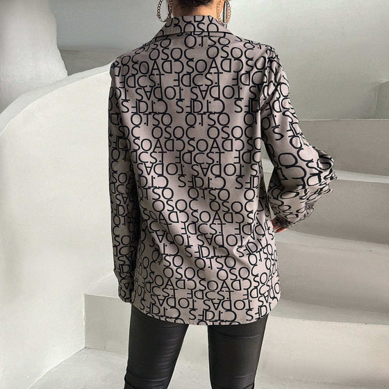 Women's printed long-sleeved shirt, stylish woven fabric, polyester fiber.