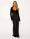 Women's hot fashion long sleeve chiffon dress in black with V-neck and lace details.