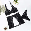 Women's black mesh underwear three-piece set - bra, panties, garter in high-quality fabric.