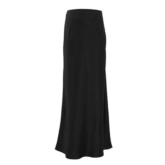 Women's Fashion Casual Satin Ice Silk Skirt in black, featuring a solid color and luxurious fabric.